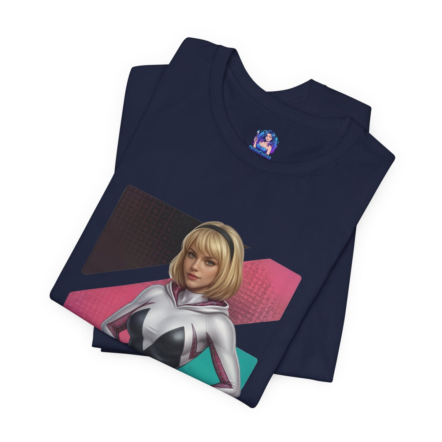 Spider-Gwen T-Shirt | Marvel Anime Tee for Gamers & Superhero Fans navy Bella Canvas tee with anime-style Spider-Gwen portrait