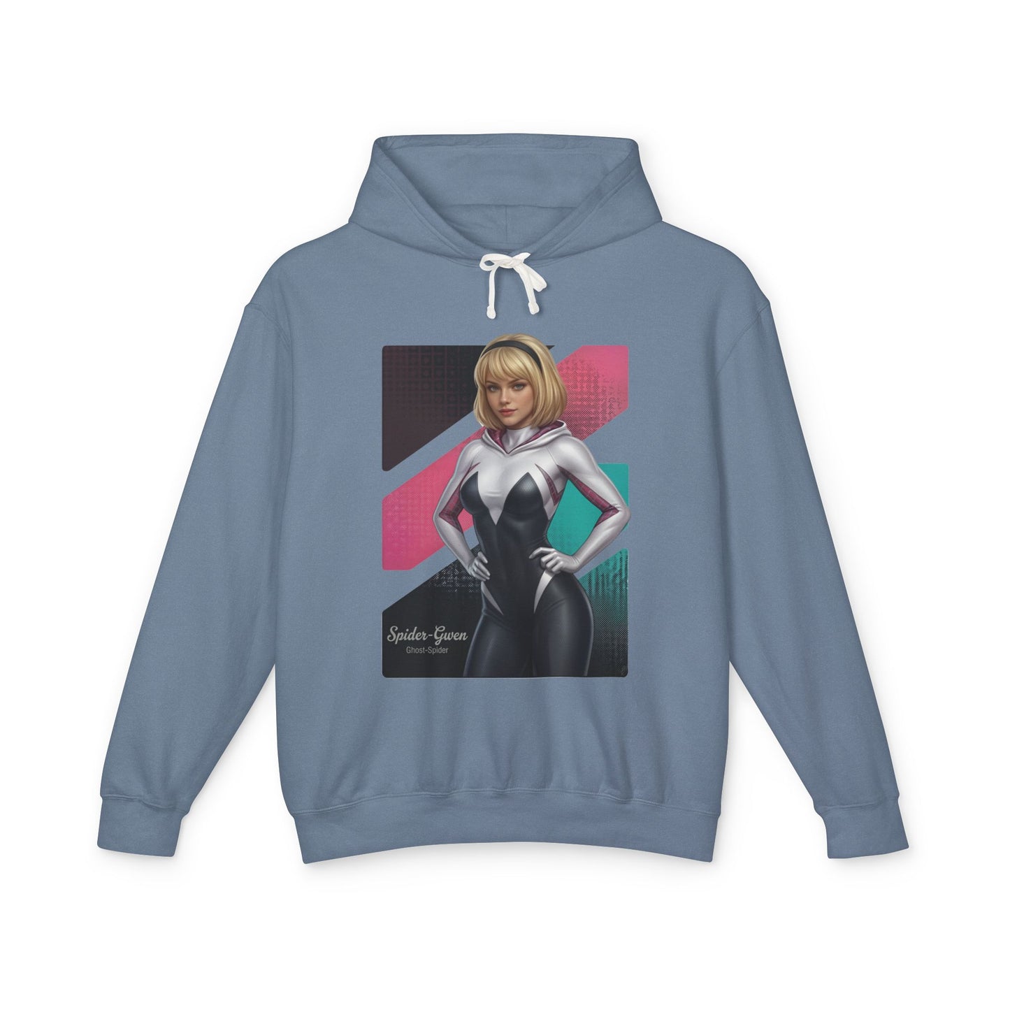 Spider-Gwen Hoodie | Marvel Comics Hoodie | Anime Spider Heroine Pullover - blue pullover with anime-style Spider-Gwen graphic and hood