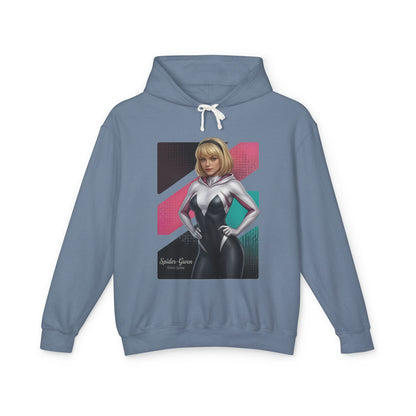 Spider-Gwen Hoodie | Marvel Comics Hoodie | Anime Spider Heroine Pullover - blue pullover with anime-style Spider-Gwen graphic and hood