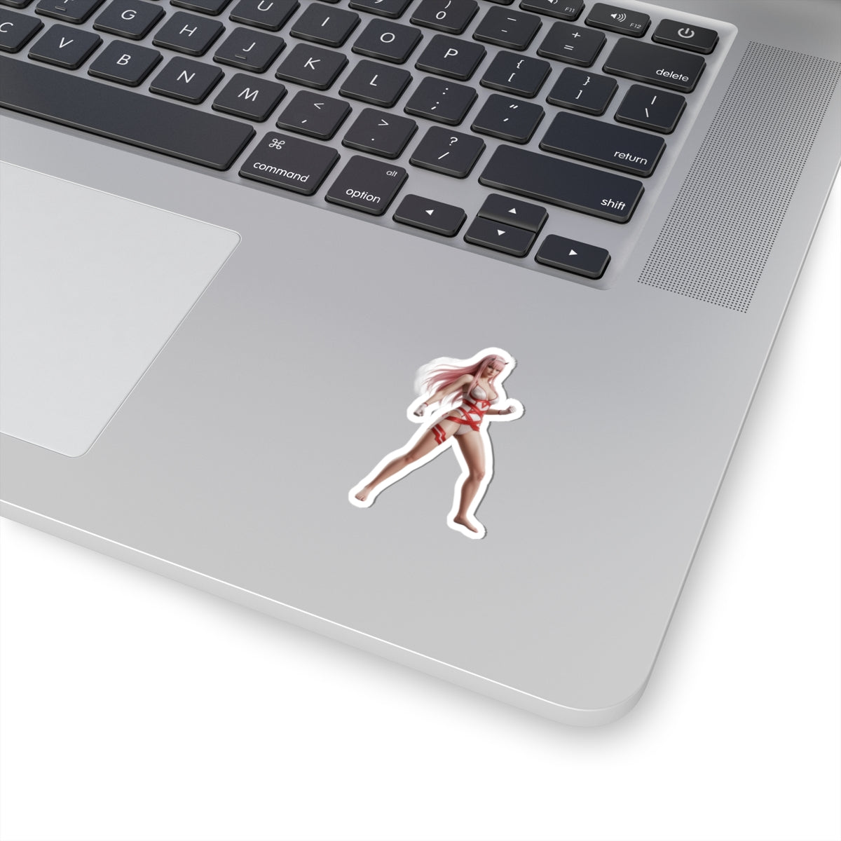 Zero Two Sticker – Anime Character Vinyl Sticker for Laptops & Indoor Decor on silver laptop corner, glossy durable vinyl, vibrant anime design