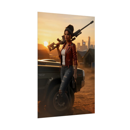 Panam Palmer Poster, Cyberpunk 2077 Art Print, Iconic Nomad Character - confident nomad with rifle at sunset for gaming or sci‑fi decor