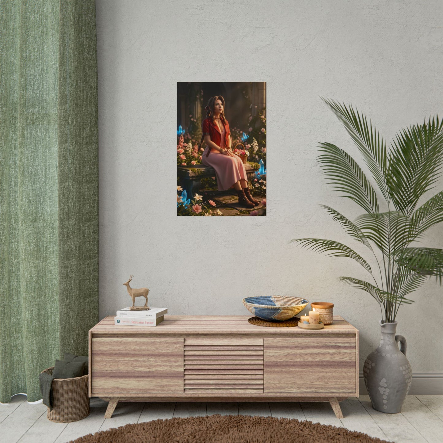 Aerith Final Fantasy Poster – Iconic RPG Heroine Wall Art for Gamer Decor showcasing seated heroine in vivid floral scene