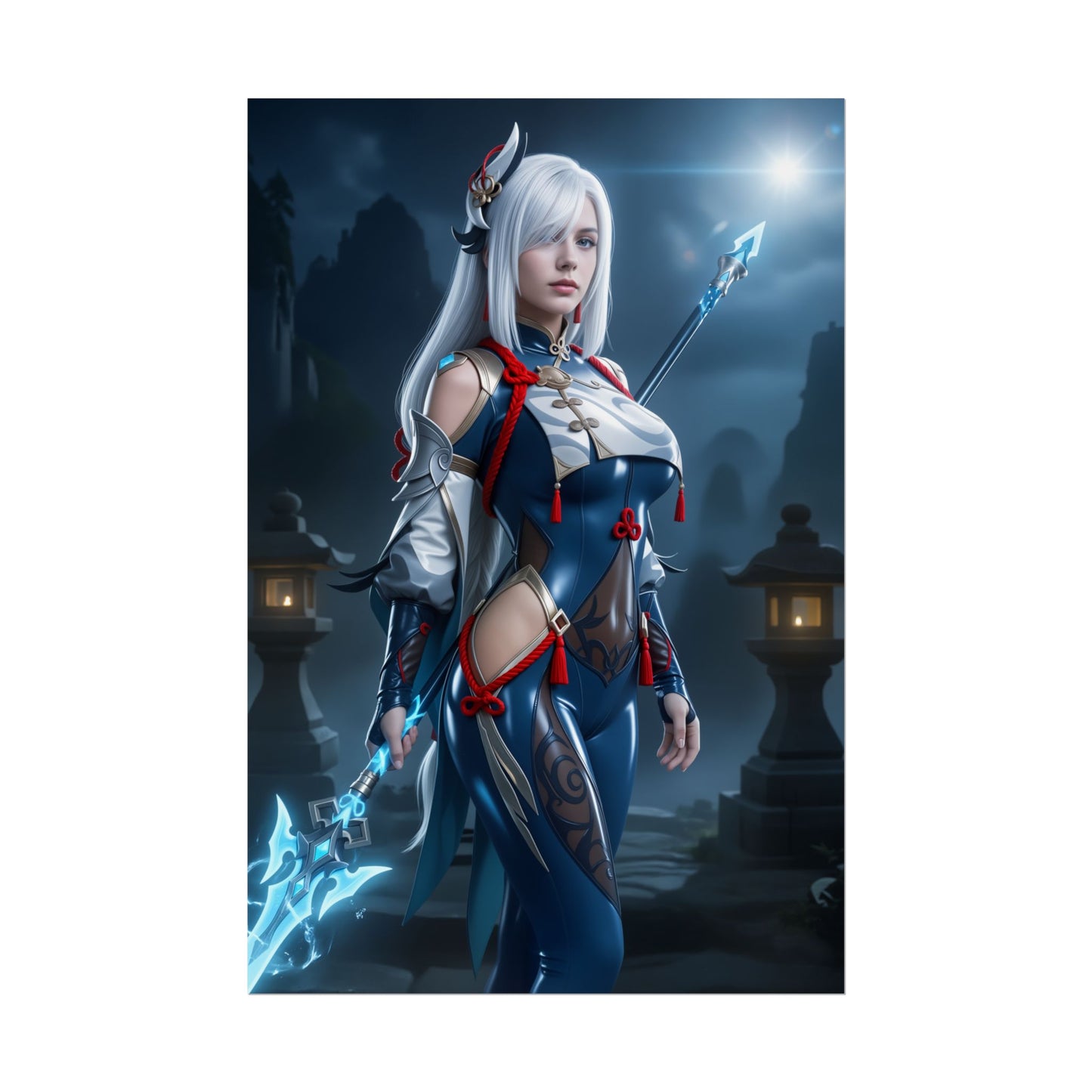 Shenhe Poster, Genshin Impact Art Print – Iconic Cryo Adeptus Heroine featuring elegant Shenhe holding a glowing polearm in moonlit shrine scene