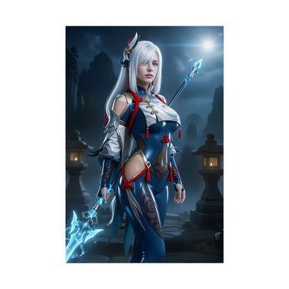 Shenhe Poster, Genshin Impact Art Print – Iconic Cryo Adeptus Heroine featuring elegant Shenhe holding a glowing polearm in moonlit shrine scene