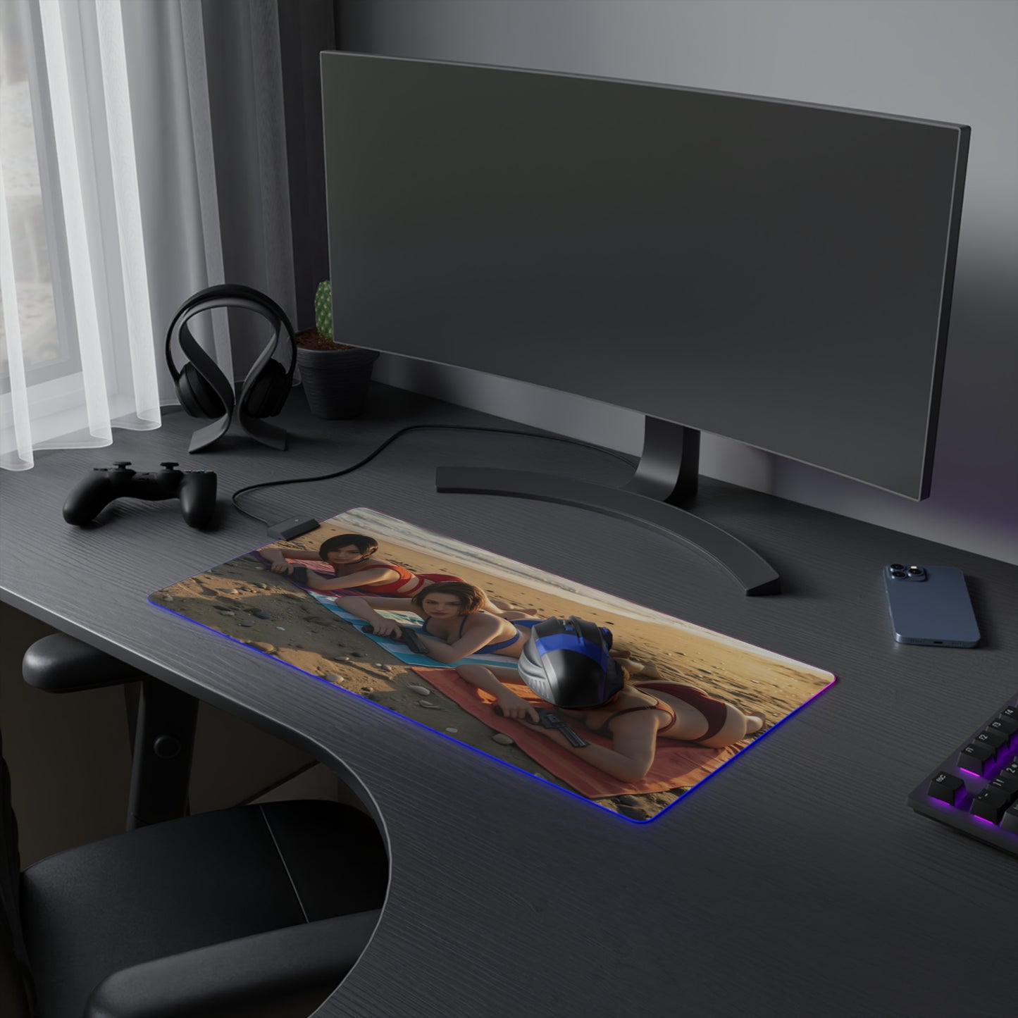 Ada Wong, Claire Redfield & Jill Valentine Desk Mat – LED RGB Pad featuring trio artwork on gaming desk with RGB edge lighting