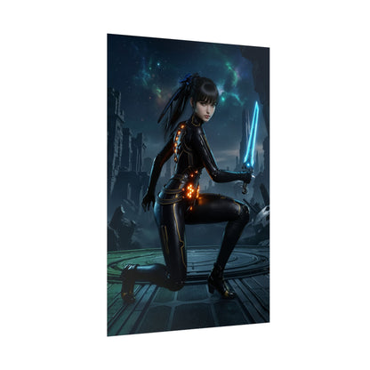 EVE Poster, Stellar Blade Art Print, Legendary Android Warrior - futuristic female android kneeling with glowing blue energy sword for gaming room décor