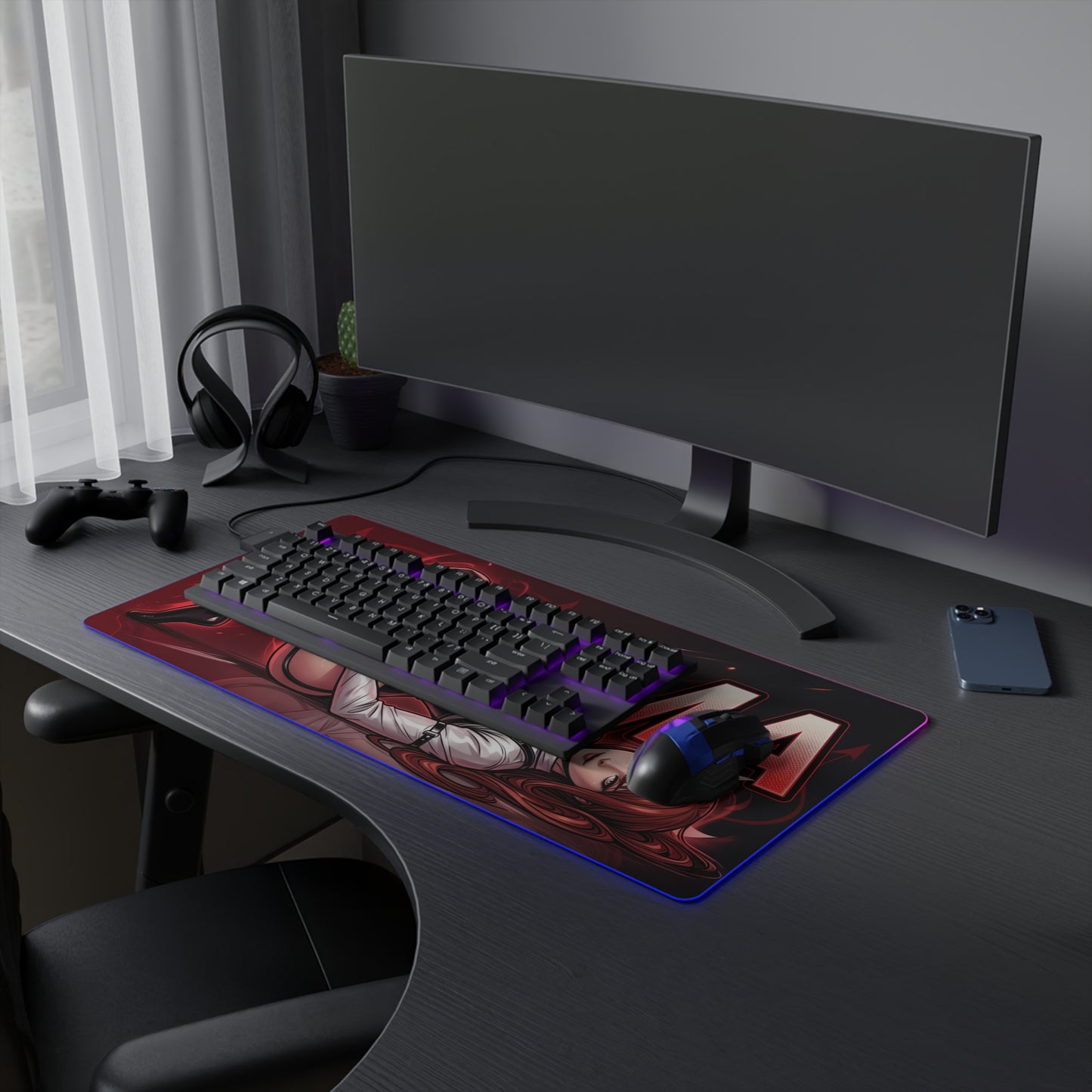 Makima RGB Desk Mat, Chainsaw Man Gaming Mouse Pad, LED Desk Mat for Anime Setup — RGB-lit gaming desk mat with Makima artwork and smooth soft-cloth surface