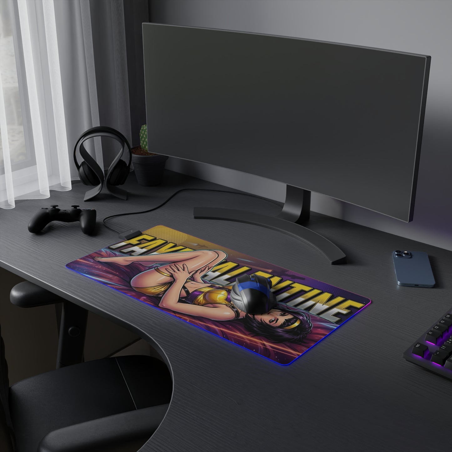 Faye Valentine RGB Desk Mat, Cowboy Bebop Gaming Mouse Pad, LED Desk Mat for Gamer Setup on PC desk showing vibrant anime artwork and RGB glow