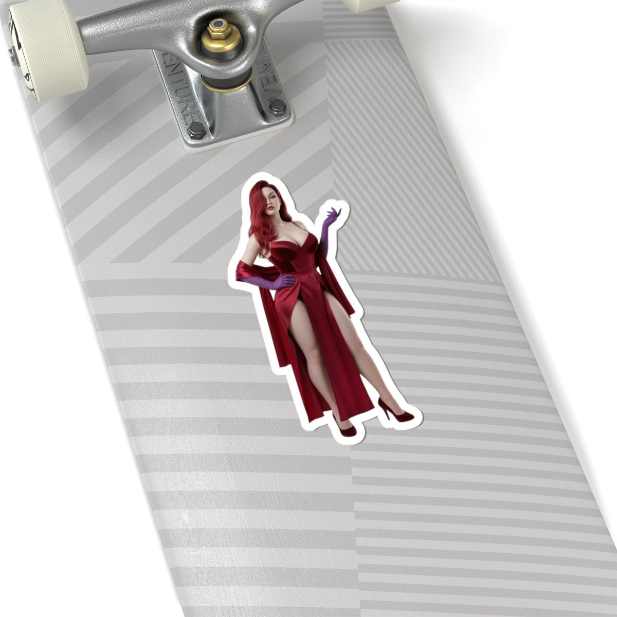 Jessica Rabbit Sticker – Iconic Cartoon Vinyl Sticker for Laptops & Indoor Decor on skateboard deck, glossy durable vinyl decal showing bold red gown and pose