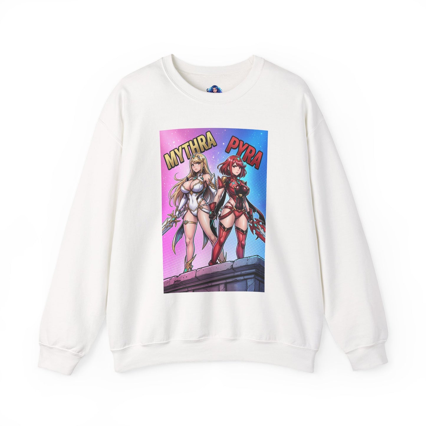Mythra and Pyra Sweatshirt, Fantasy RPG Crewneck, Anime-Inspired Fan Apparel showing Mythra and Pyra artwork on a white crewneck