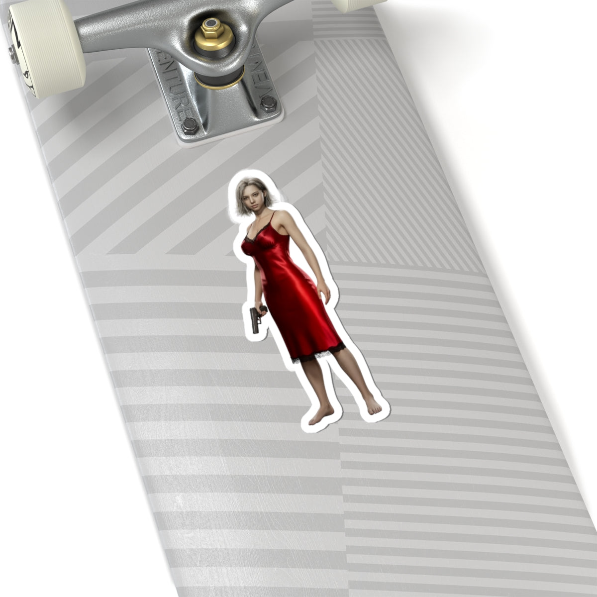 Grace Ashcroft Sticker, Resident Evil Sticker, Laptop Sticker, Gaming Fan Gift on skateboard laptop — vinyl sticker of Grace Ashcroft in red dress