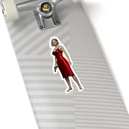 Grace Ashcroft Sticker, Resident Evil Sticker, Laptop Sticker, Gaming Fan Gift on skateboard laptop — vinyl sticker of Grace Ashcroft in red dress