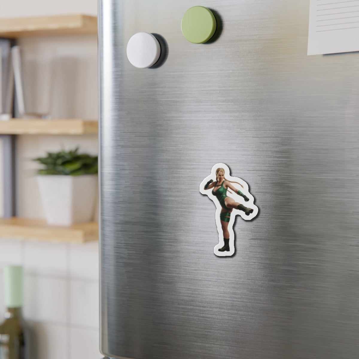 Cammy White Magnet – Street Fighter Anime Heroine Fridge Magnet, Game Decor on stainless steel fridge showing die-cut vinyl character magnet