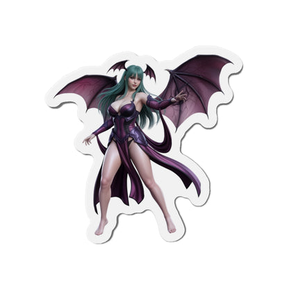 Alt Tag: Morrigan Aensland Magnet – Darkstalkers Anime Heroine Fridge Magnet die-cut vinyl sticker showing Morrigan in purple outfit with bat wings for fridges and lockers