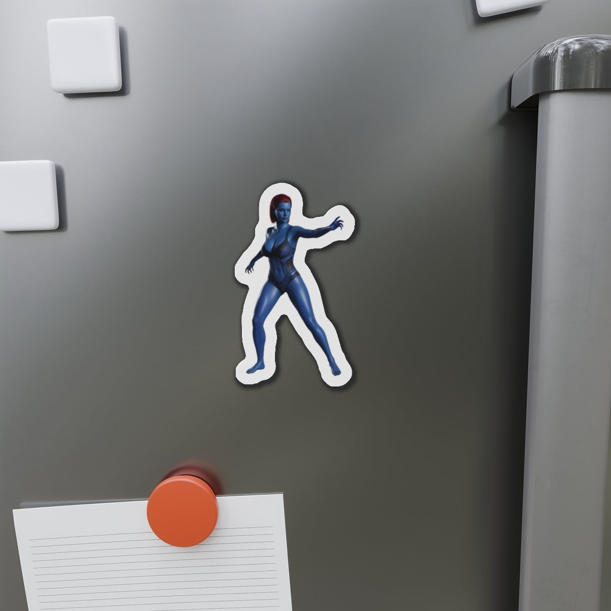 Mystique Magnet – Marvel Mutant Fridge Magnet, Anime Style Decor die-cut vinyl magnet showing Mystique anime-style on a refrigerator