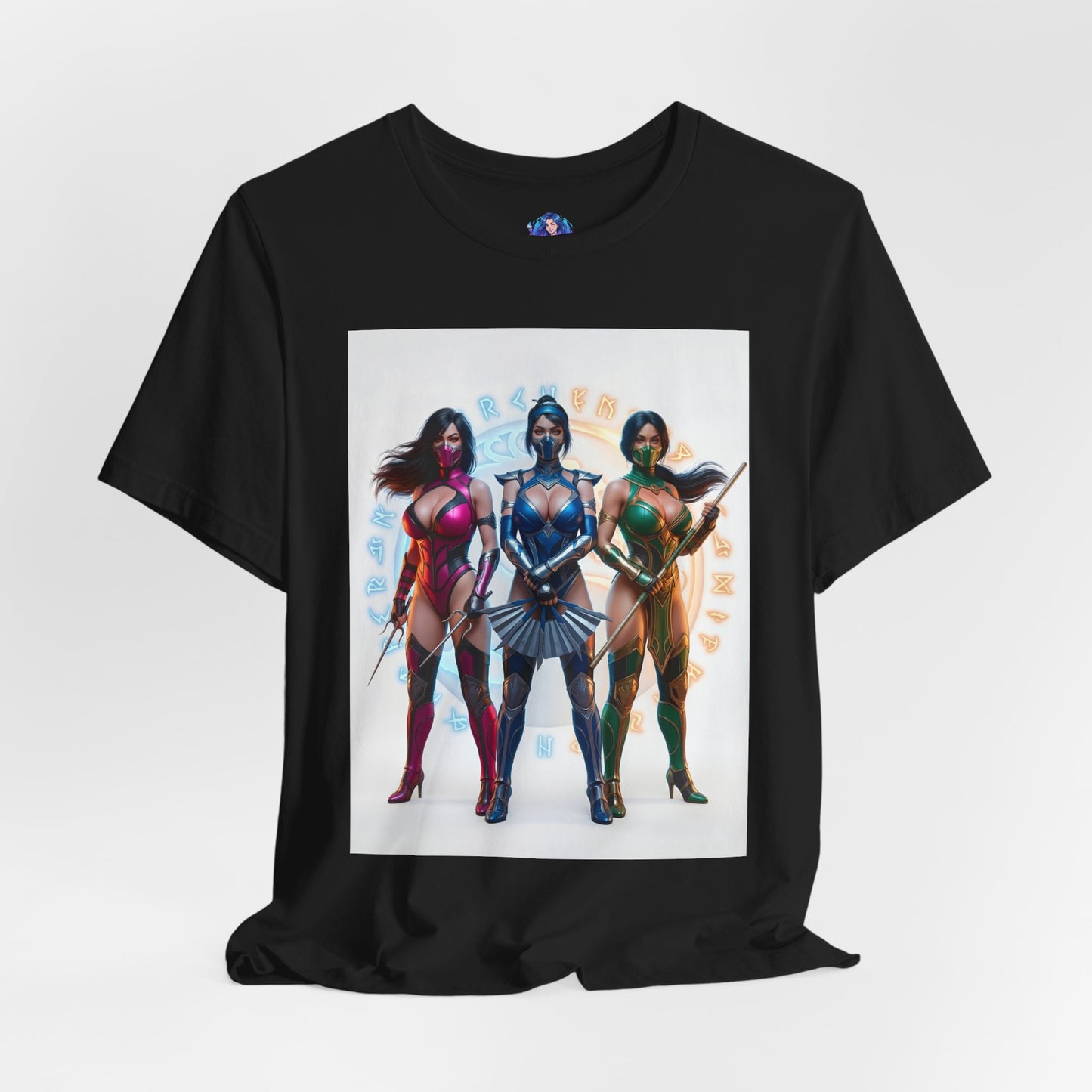 Kitana Jade and Mileena T-Shirt | Mortal Kombat Anime Tee for Gamers & Fans - anime-style trio print on black Bella canvas tee
