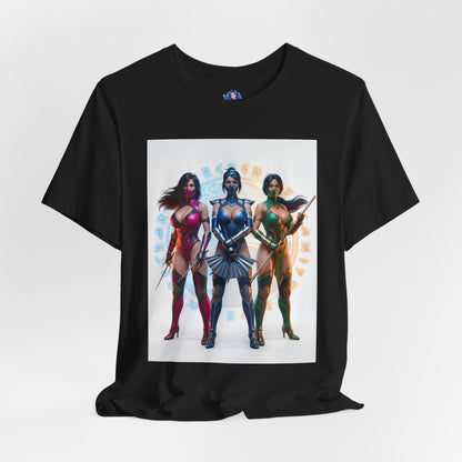 Kitana Jade and Mileena T-Shirt | Mortal Kombat Anime Tee for Gamers & Fans - anime-style trio print on black Bella canvas tee