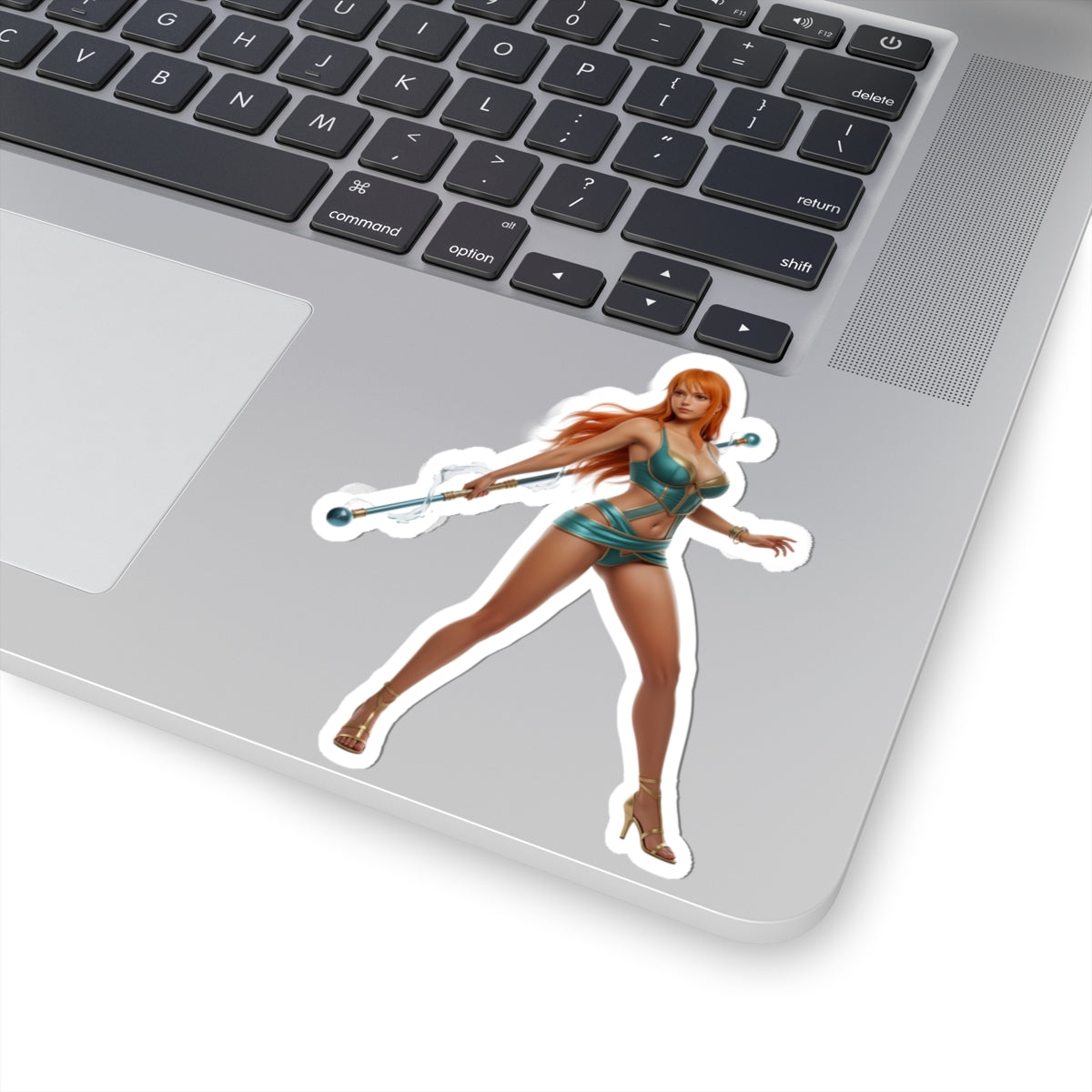 Nami One Piece Sticker – Anime Character Vinyl Sticker for Laptops & Indoor Decor on silver laptop showing glossy, durable vinyl decal of Nami character