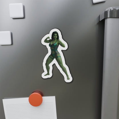 She-Hulk Magnet – Marvel Heroine Fridge Magnet, Anime Style Decor: die-cut vinyl She-Hulk anime-style fridge magnet on gray refrigerator, bold green heroine pose