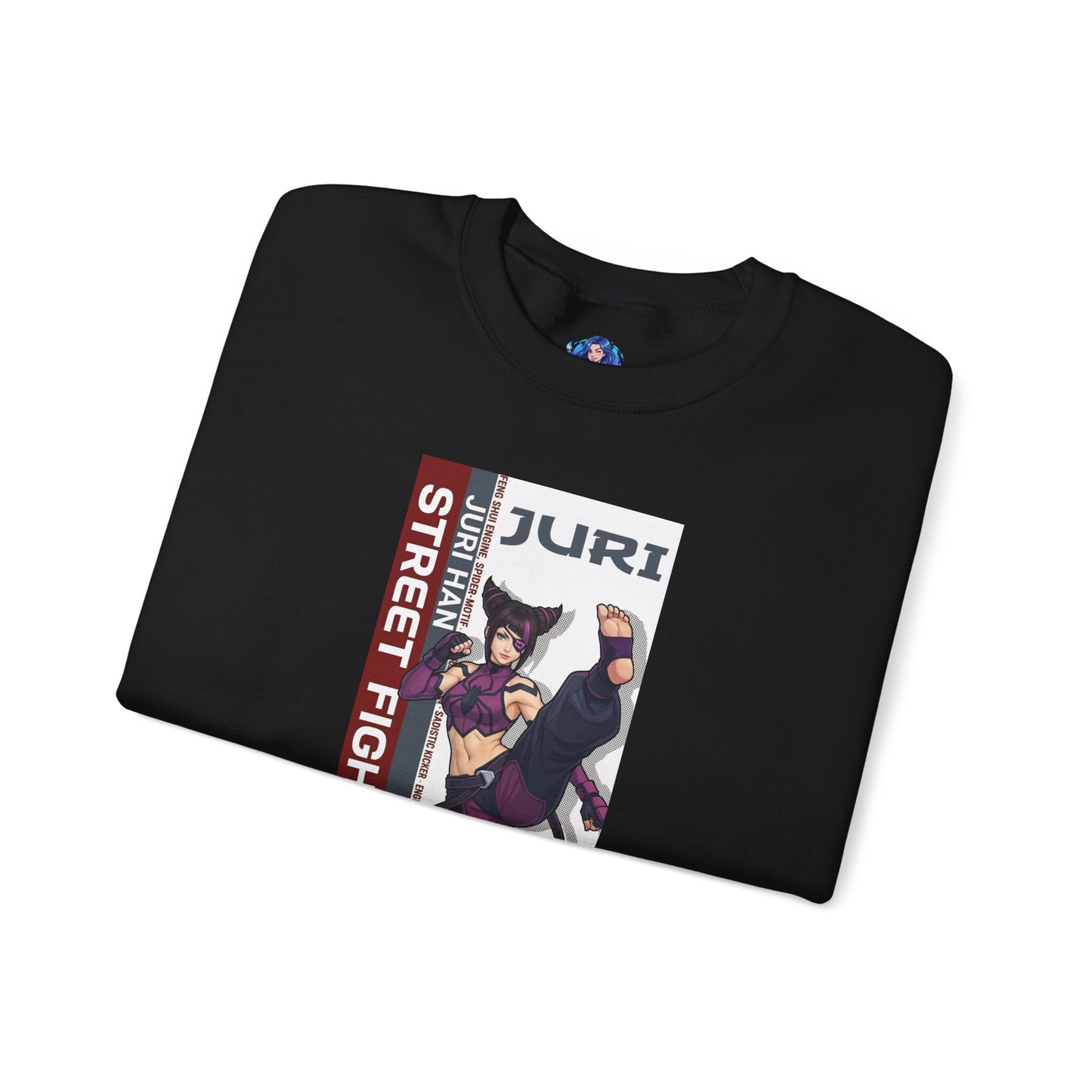 Juri Sweatshirt, Street Fighter Crewneck, Bold Fighting Game Apparel for Fans – folded black crewneck with Juri artwork