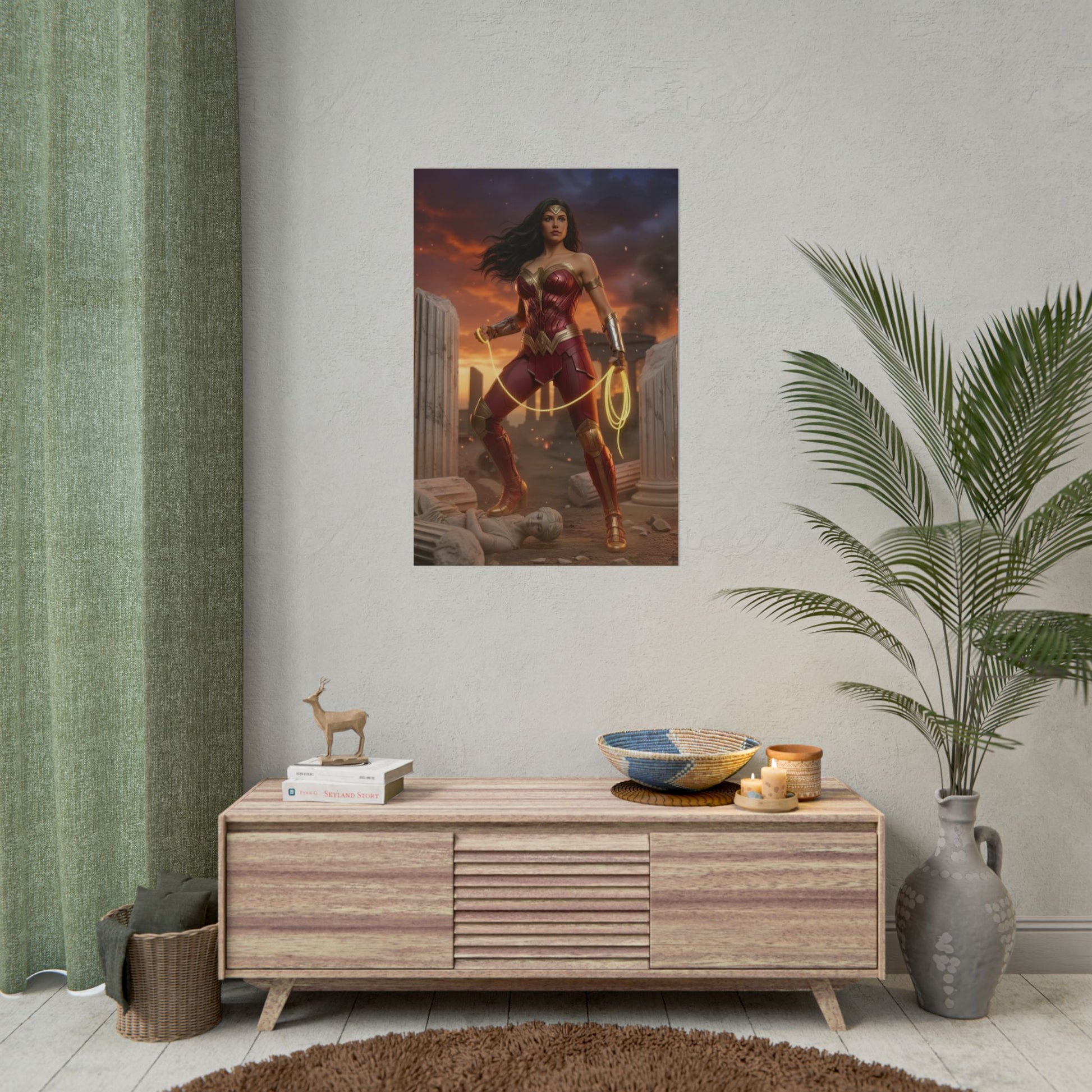 Wonder Woman Poster, DC Comics Art Print – Superhero Wall Art showing poster of Wonder Woman hung above console in stylish gamer room decor
