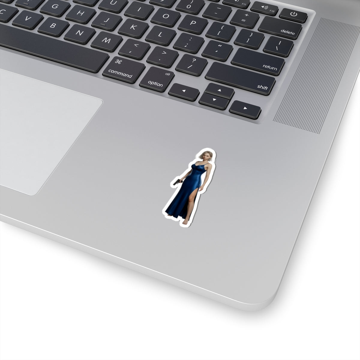 Grace Ashcroft Sticker, Resident Evil Sticker, Gaming Desk Decor, Gift for Gamer on laptop showing glossy vinyl decal of Grace Ashcroft in blue dress