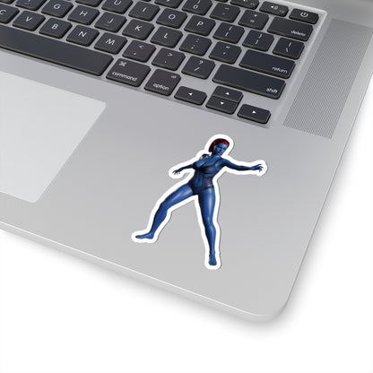 Mystique Sticker – Comic Character Vinyl Sticker for Laptops & Indoor Decor on silver laptop, glossy durable vinyl, bold comic-style blue character