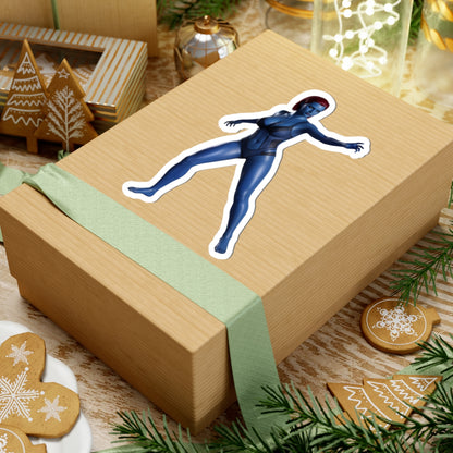 Mystique Sticker – Comic Character Vinyl Sticker for Laptops & Indoor Decor on gift box, glossy blue comic-style character vinyl sticker for laptops and indoor decor