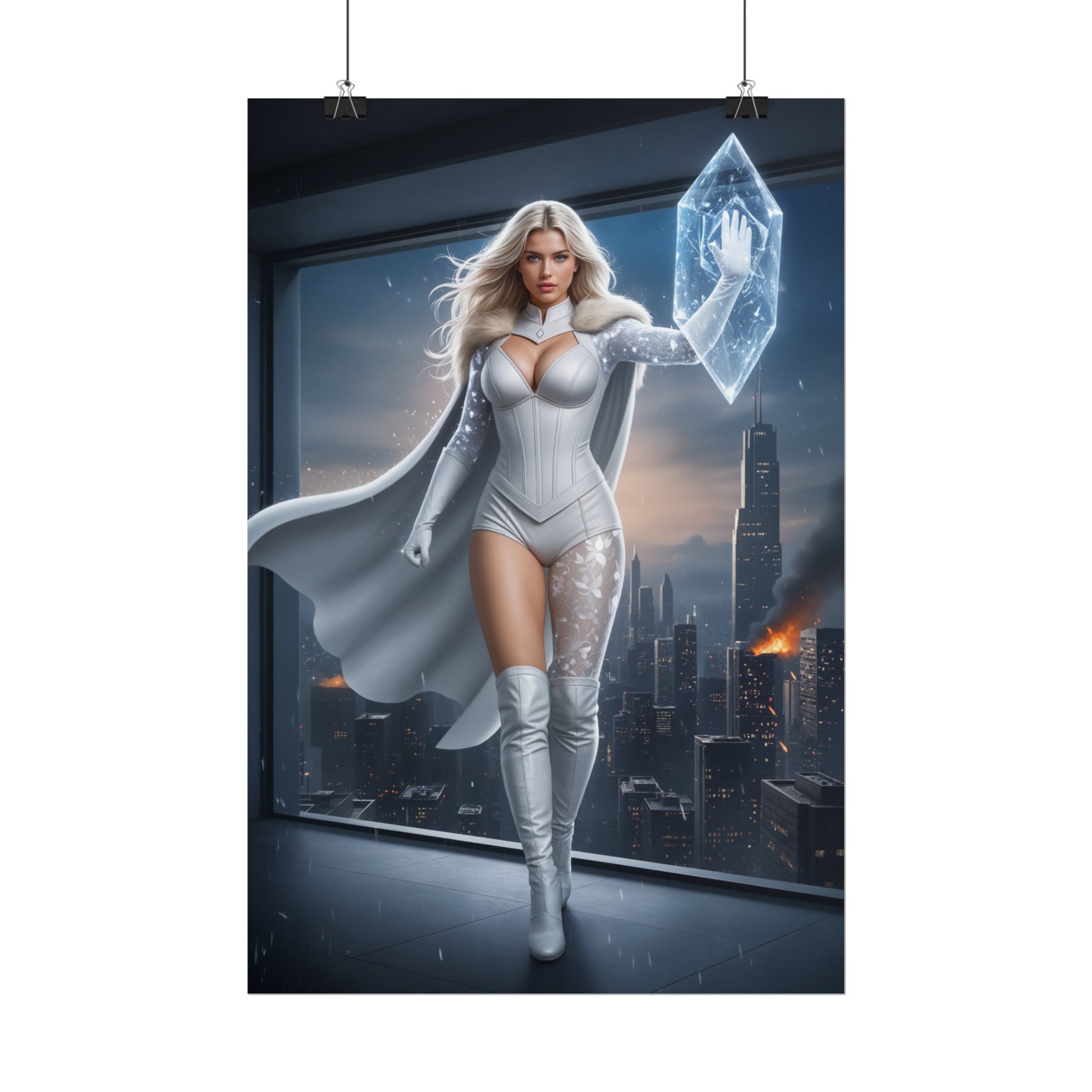Emma Frost Poster, Marvel X-Men Art Print, Iconic Telepath Hero Wall Decor - powerful telepathic pose in white costume over city skyline