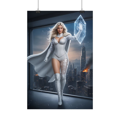 Emma Frost Poster, Marvel X-Men Art Print, Iconic Telepath Hero Wall Decor - powerful telepathic pose in white costume over city skyline