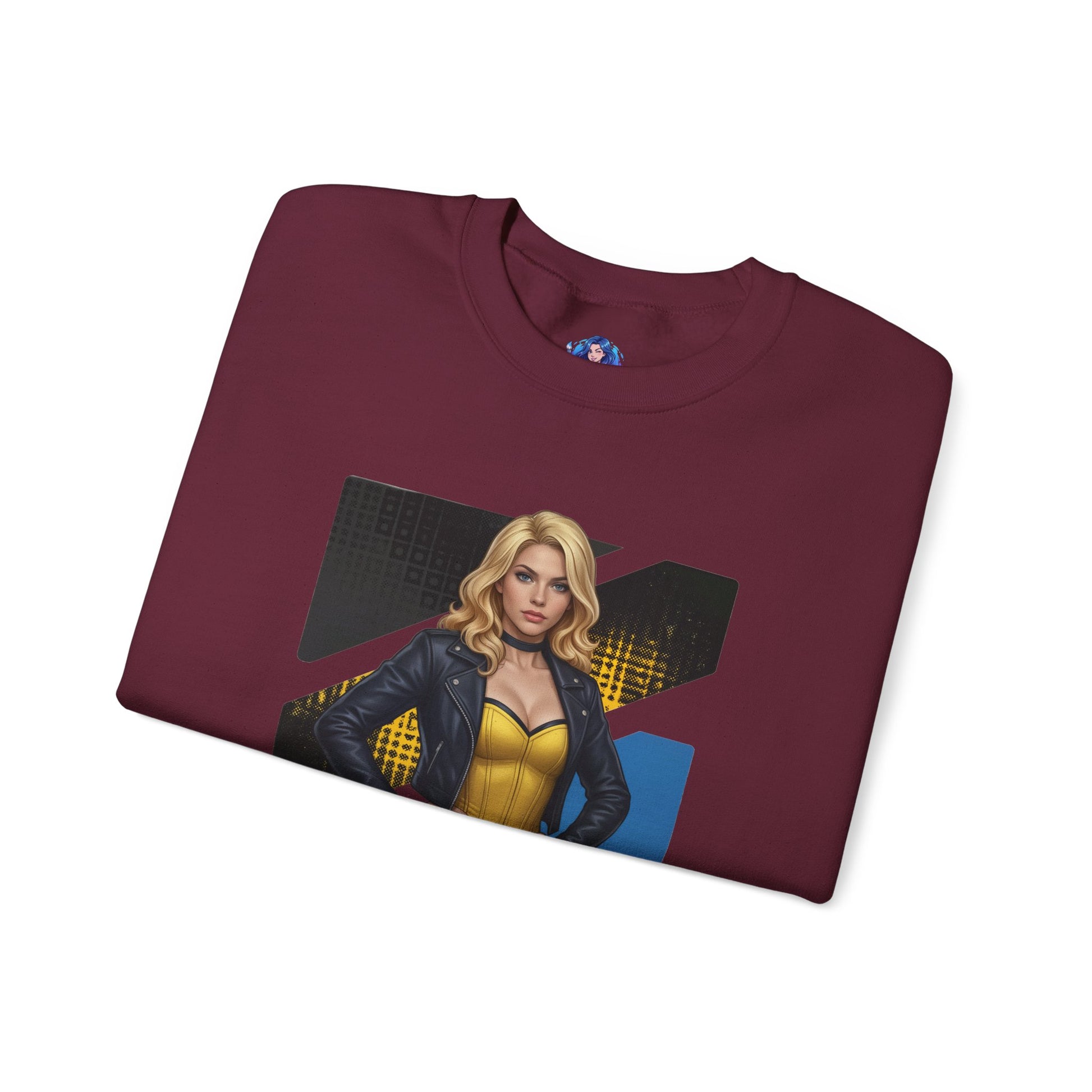 Black Canary Sweatshirt, DC Comics Crewneck, Classic Superhero Apparel for Fans folded burgundy crewneck featuring Black Canary graphic with blonde hair and leather jacket