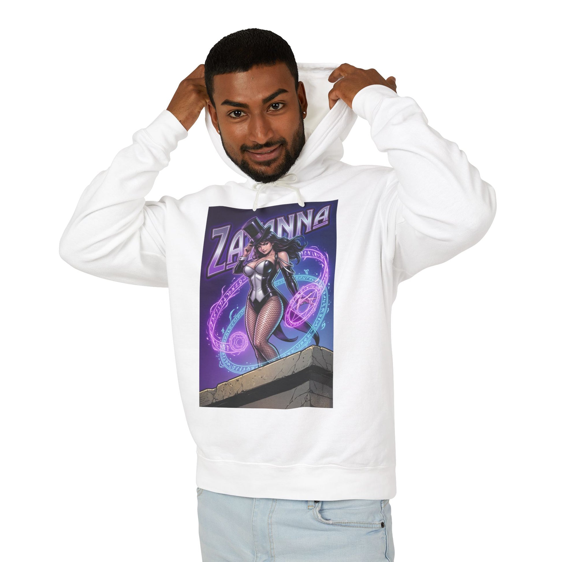 Zatanna Hoodie | DC Magic Hero Hoodie | Master Illusionist Pullover - white pullover featuring Zatanna graphic, model wearing hood, streetwear mystic style