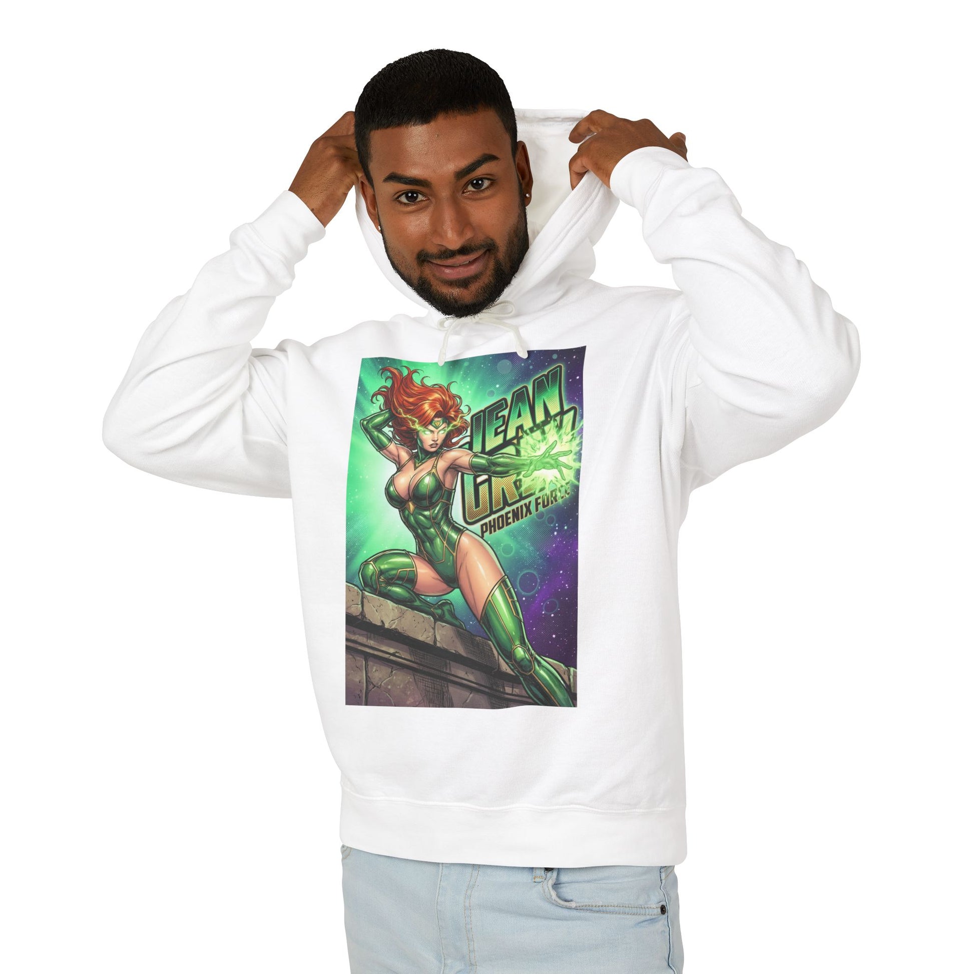 Jean Grey Hoodie | Marvel Superhero Hoodie | Phoenix Force Pullover - white cotton pullover with vibrant Phoenix Force Jean Grey graphic