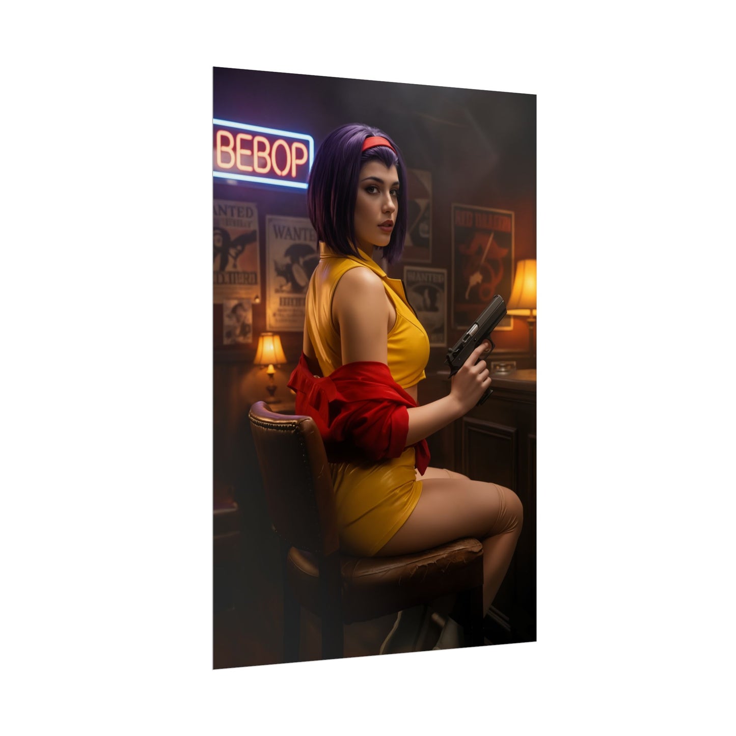 Faye Valentine Poster, Cowboy Bebop Art Print, Iconic Anime Character Wall Decor — cinematic retro sci‑fi portrait of Faye holding a pistol in a neon Bebop bar