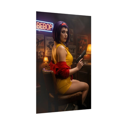 Faye Valentine Poster, Cowboy Bebop Art Print, Iconic Anime Character Wall Decor — cinematic retro sci‑fi portrait of Faye holding a pistol in a neon Bebop bar