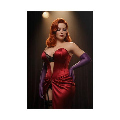 Jessica Rabbit Poster, Classic Animation Art Print – Vintage Wall Decor featuring stylized red-haired character in red gown and purple gloves on stage