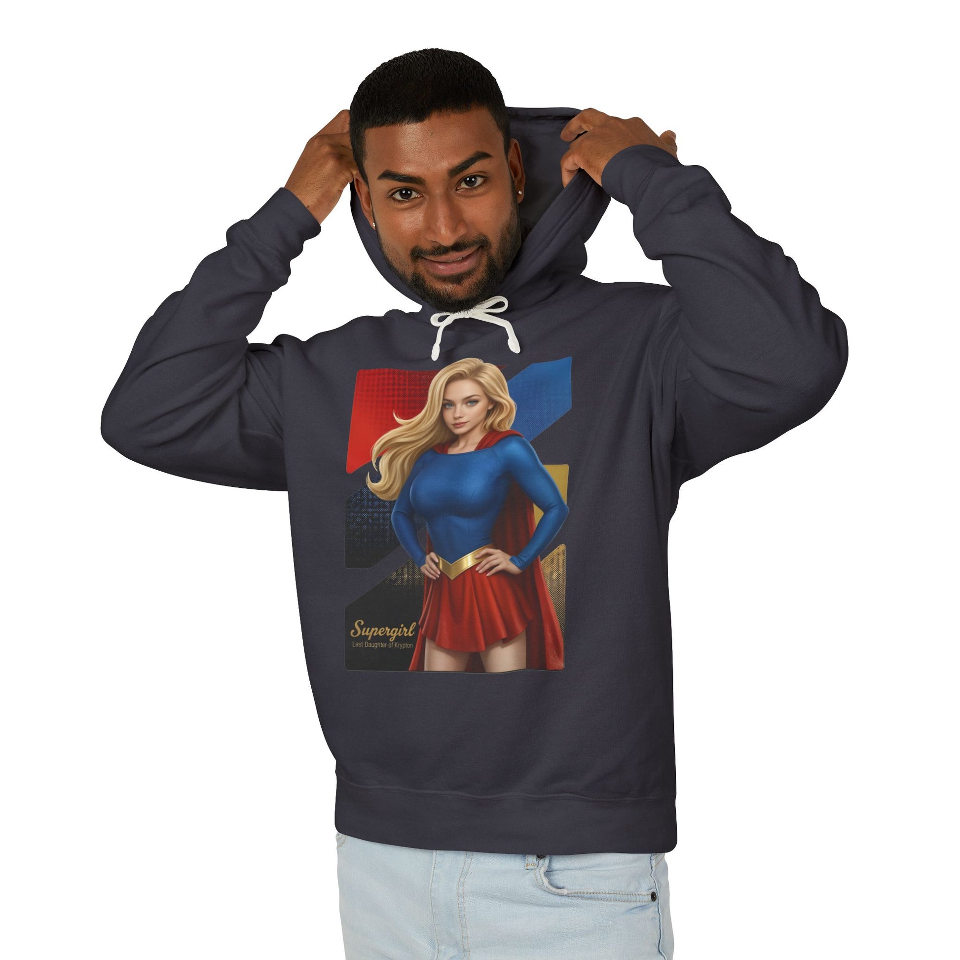 Supergirl Hoodie | DC Comics Hoodie | Anime Superheroine Pullover - navy pullover featuring anime-style Supergirl portrait on front