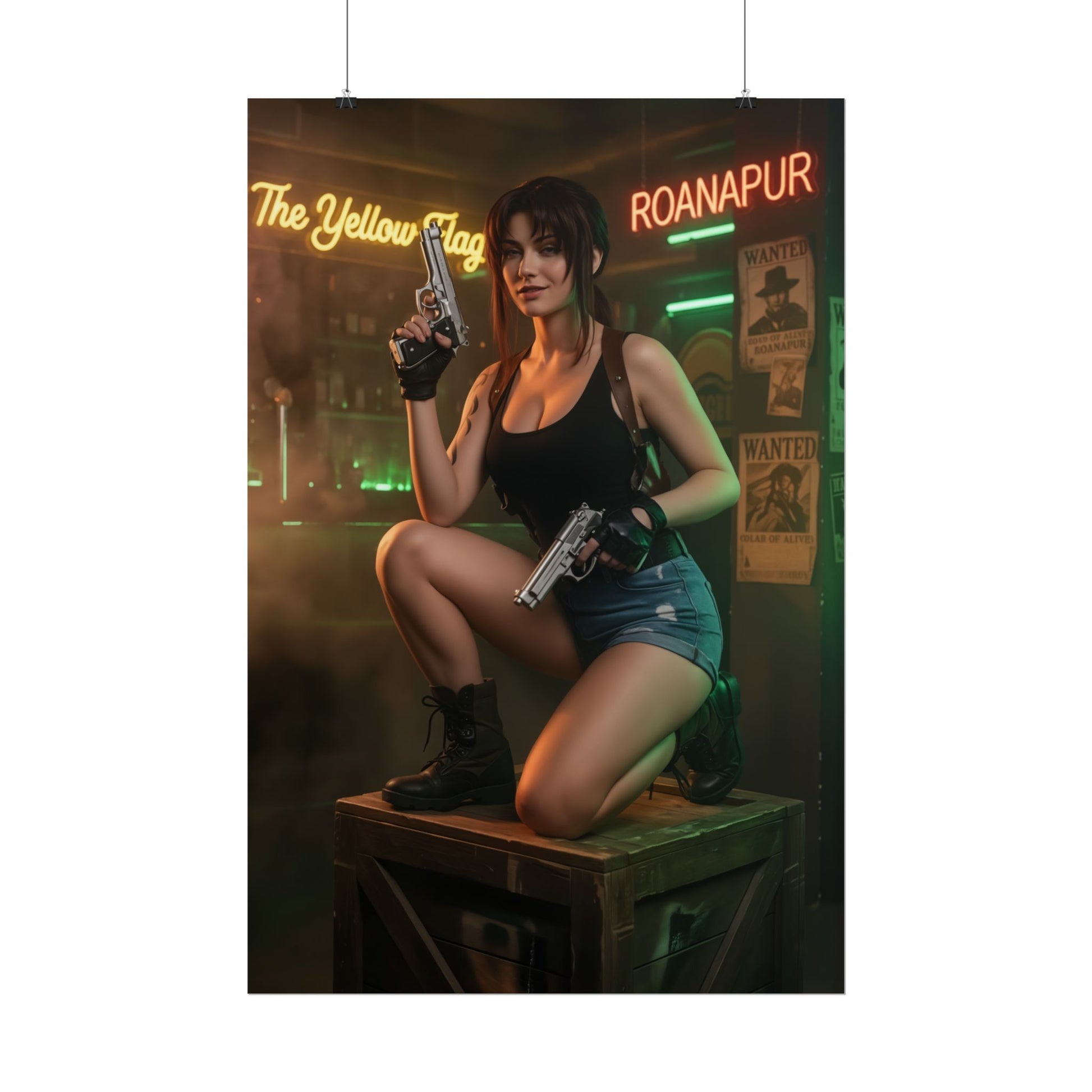 Revy Poster, Black Lagoon Art Print, Iconic Action Anime Character Wall Decor - fearless Revy with twin pistols in gritty neon bar scene