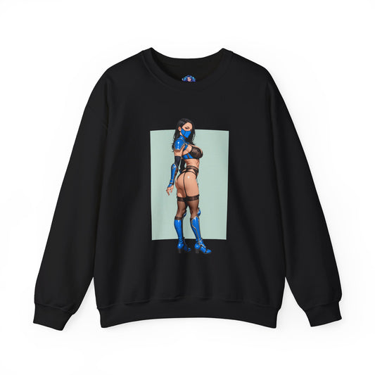 Kitana Mortal Kombat Sweatshirt, Fighting Game Crewneck, Gaming Apparel for Fans — black crewneck featuring Kitana artwork with blue costume and steel fans
