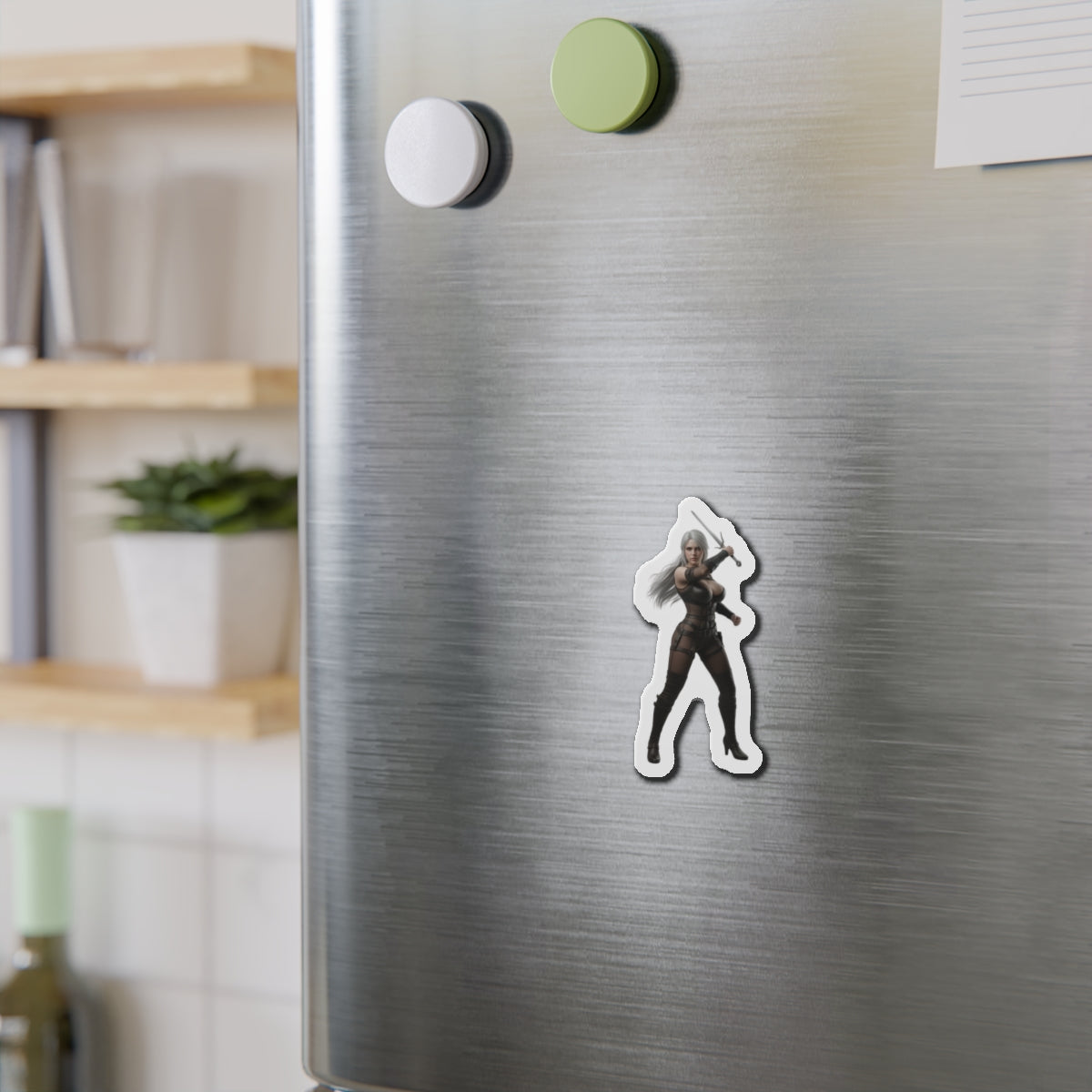 Ciri Magnet – The Witcher Game Heroine Fridge Magnet, Anime Style Decor on stainless fridge showing die-cut vinyl sticker of Ciri