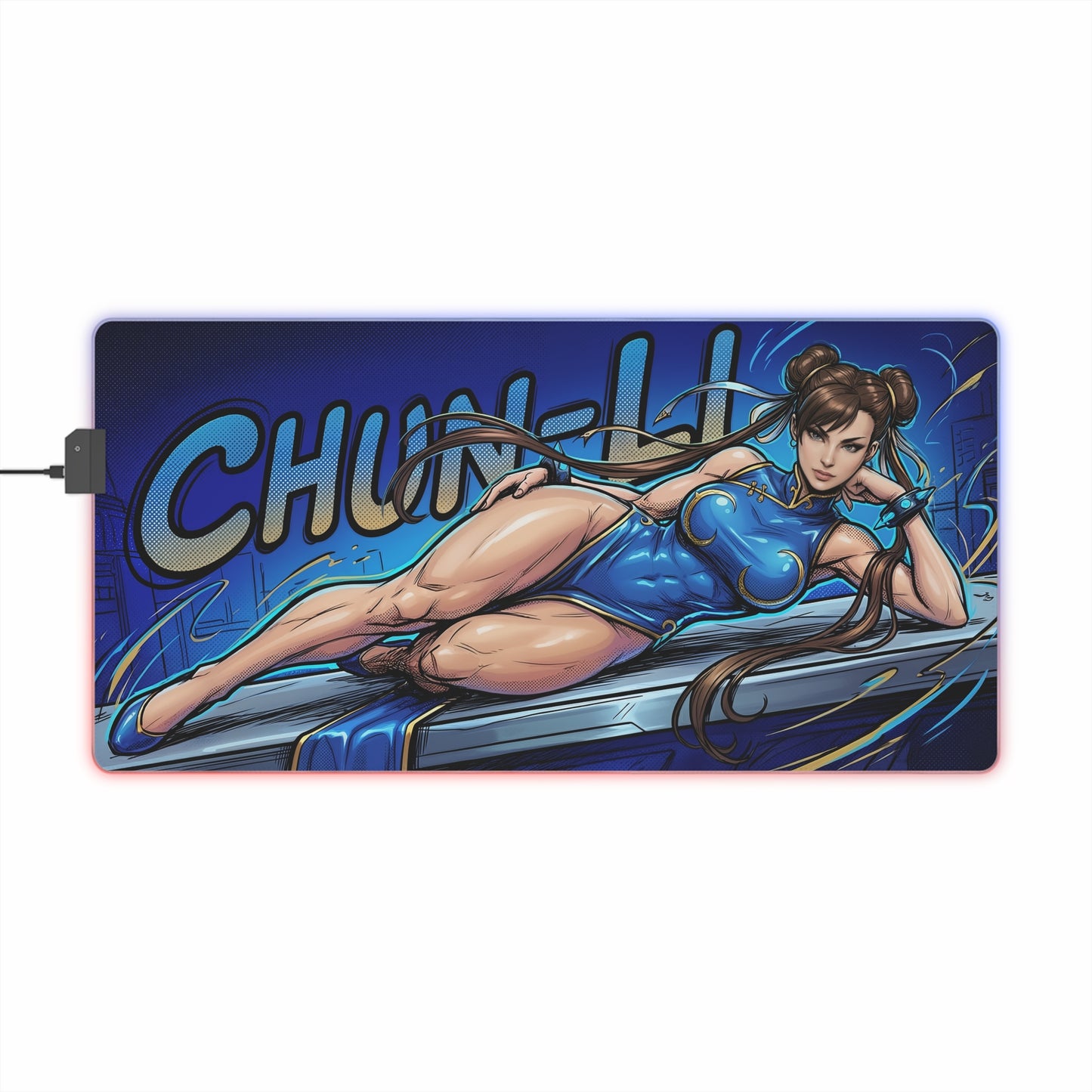 Chun-Li RGB Desk Mat, Fighting Game Gaming Mouse Pad, LED Desk Mat for Gamer Setup showcasing Chun-Li artwork, RGB lighting, and precision cloth surface