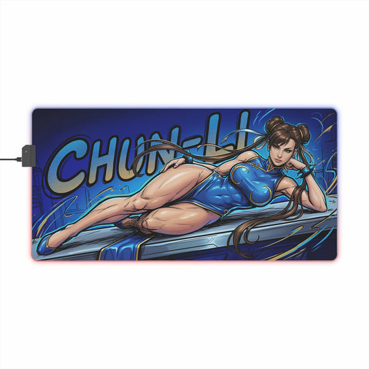 Chun-Li RGB Desk Mat, Fighting Game Gaming Mouse Pad, LED Desk Mat for Gamer Setup showcasing Chun-Li artwork, RGB lighting, and precision cloth surface