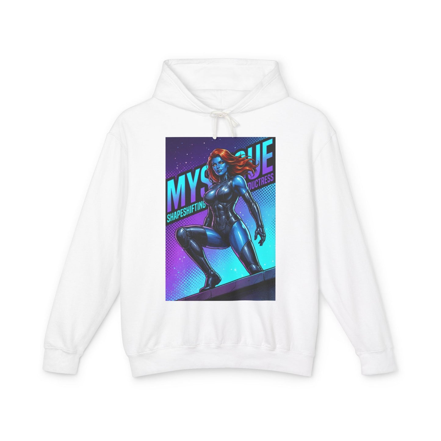 Mystique Hoodie | X-Men Hoodie | Comic Book Villain Pullover white hoodie with bold blue Mystique graphic art, lightweight cotton streetwear