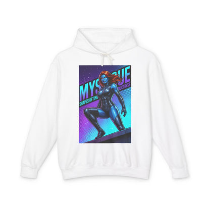 Mystique Hoodie | X-Men Hoodie | Comic Book Villain Pullover white hoodie with bold blue Mystique graphic art, lightweight cotton streetwear