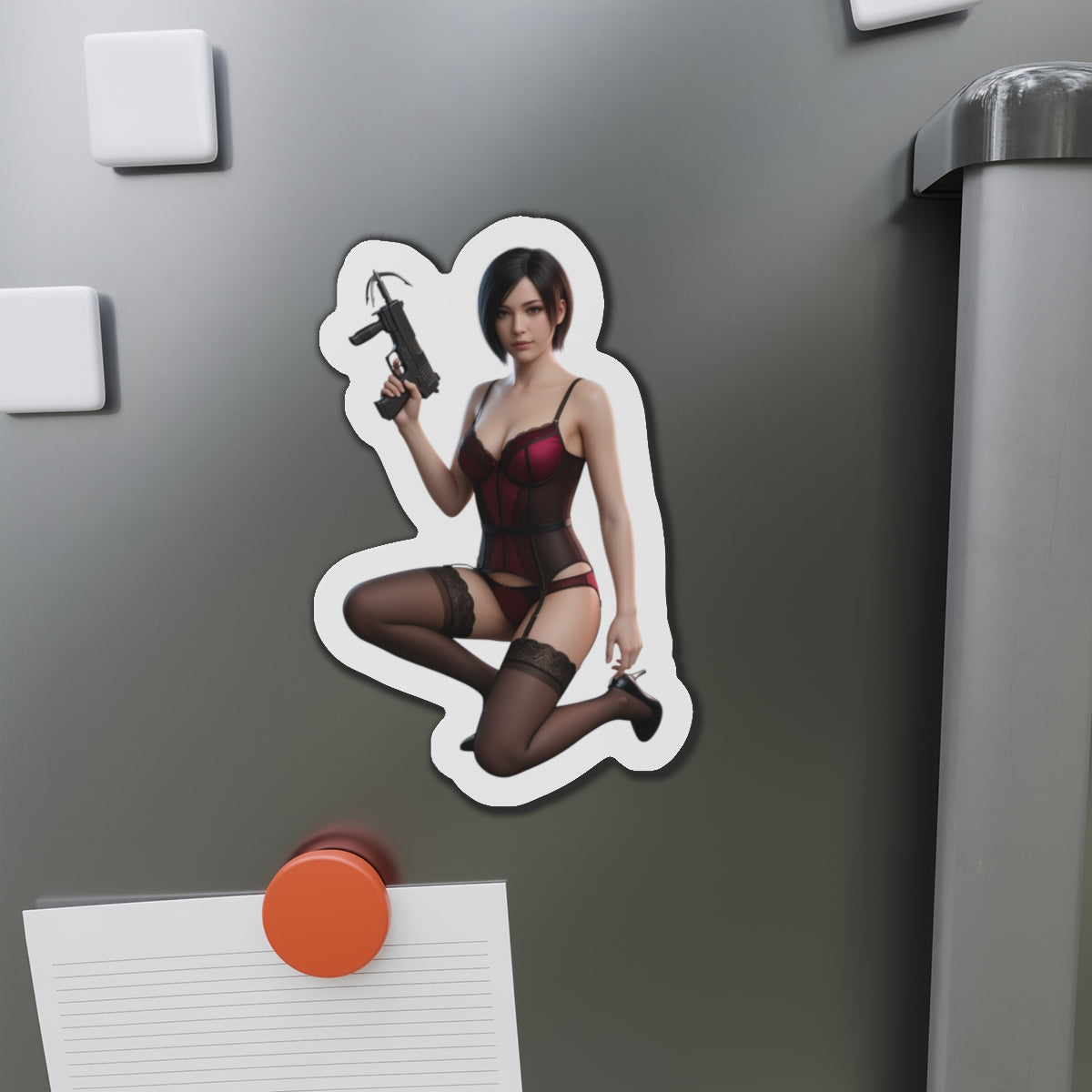Alt Tag: Ada Wong Magnet – Resident Evil Anime Heroine Fridge Magnet, Game Decor — die-cut vinyl fridge magnet showing anime-style Ada Wong in red outfit with gun