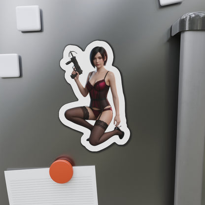 Alt Tag: Ada Wong Magnet – Resident Evil Anime Heroine Fridge Magnet, Game Decor — die-cut vinyl fridge magnet showing anime-style Ada Wong in red outfit with gun