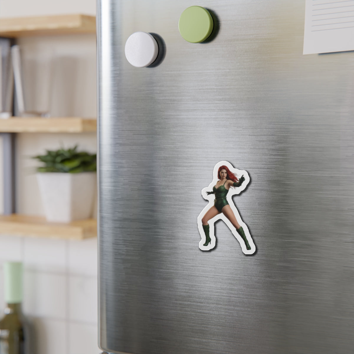 Poison Ivy Magnet – DC Comic Villain Fridge Magnet, Anime Style Decor on stainless steel fridge showing die-cut vinyl Poison Ivy sticker