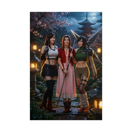 Tifa Aerith and Yuffie Final Fantasy Poster – Iconic RPG Heroines Wall Art, trio portrait in moonlit Japanese garden