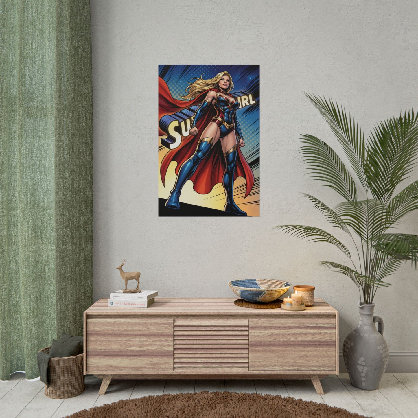 Supergirl Poster / Supergirl Wall Art / Supergirl Art Print / DC Comics Poster showing powerful heroine in dramatic sky, bold colors, inspirational comic decor