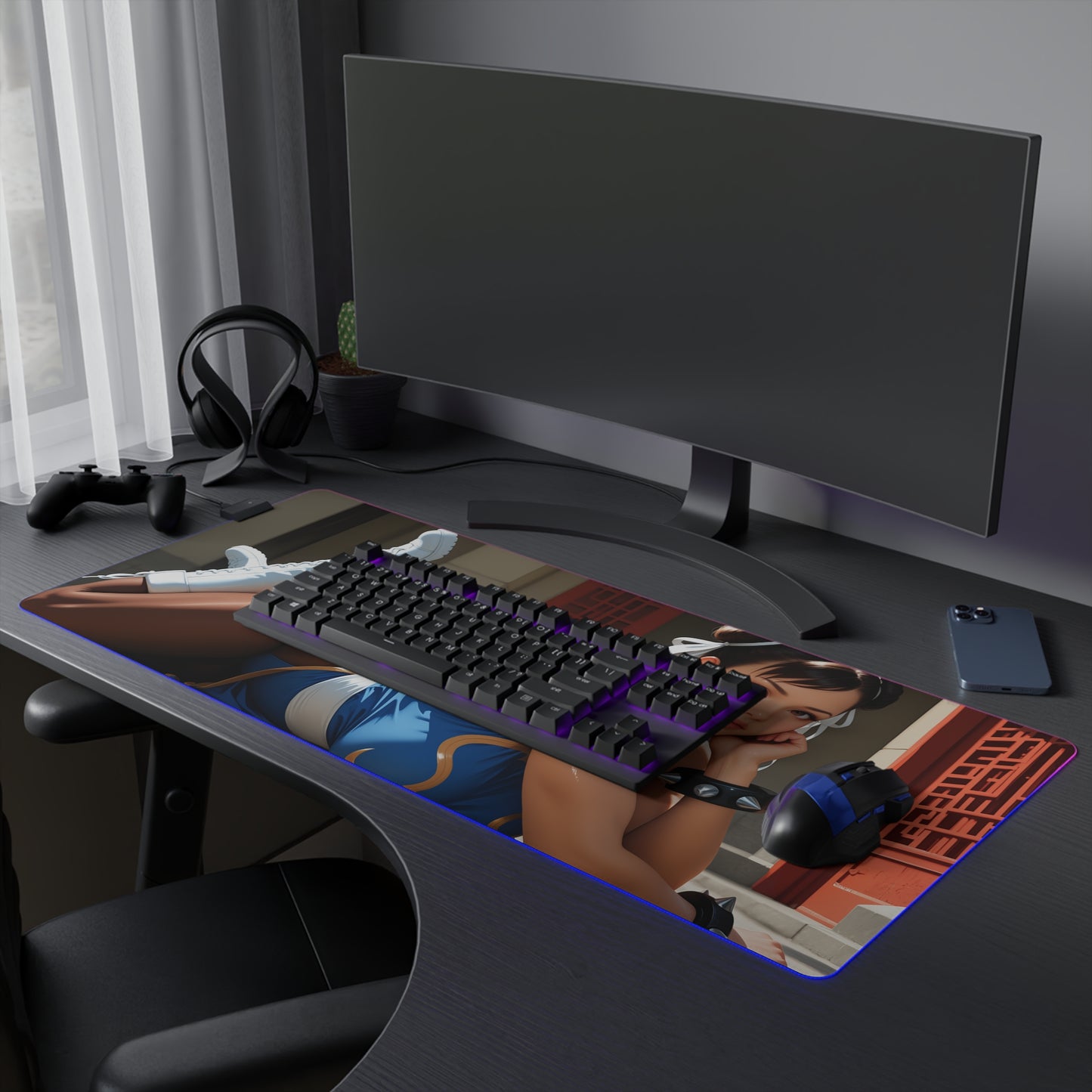 Chun-Li Schreibtischunterlage – LED RGB-Pad, Waifu Anime-Mädchen Gaming-Setup